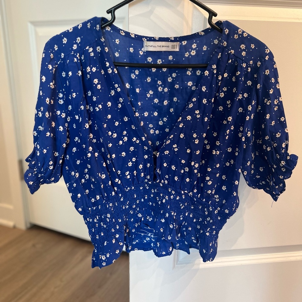 Faithfull the Brand Cobalt Blue Floral Smocked Crop Top